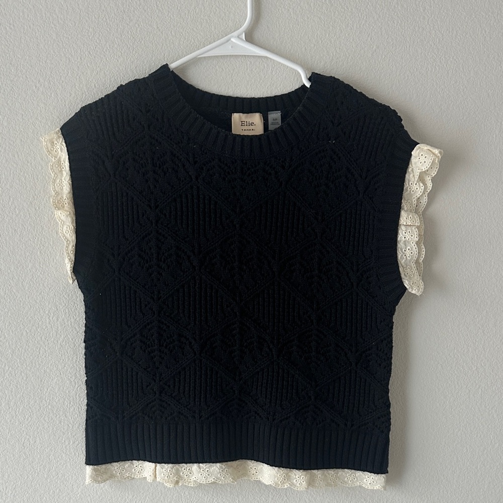 Tahari Black Knit Top with Cream Lace Detail